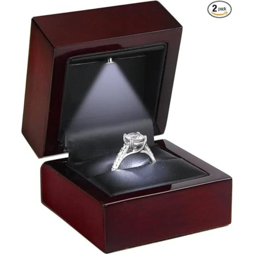 Luxury Mahogany Ring Box with LED Light, Elegant‎ Square Diamond Case,
